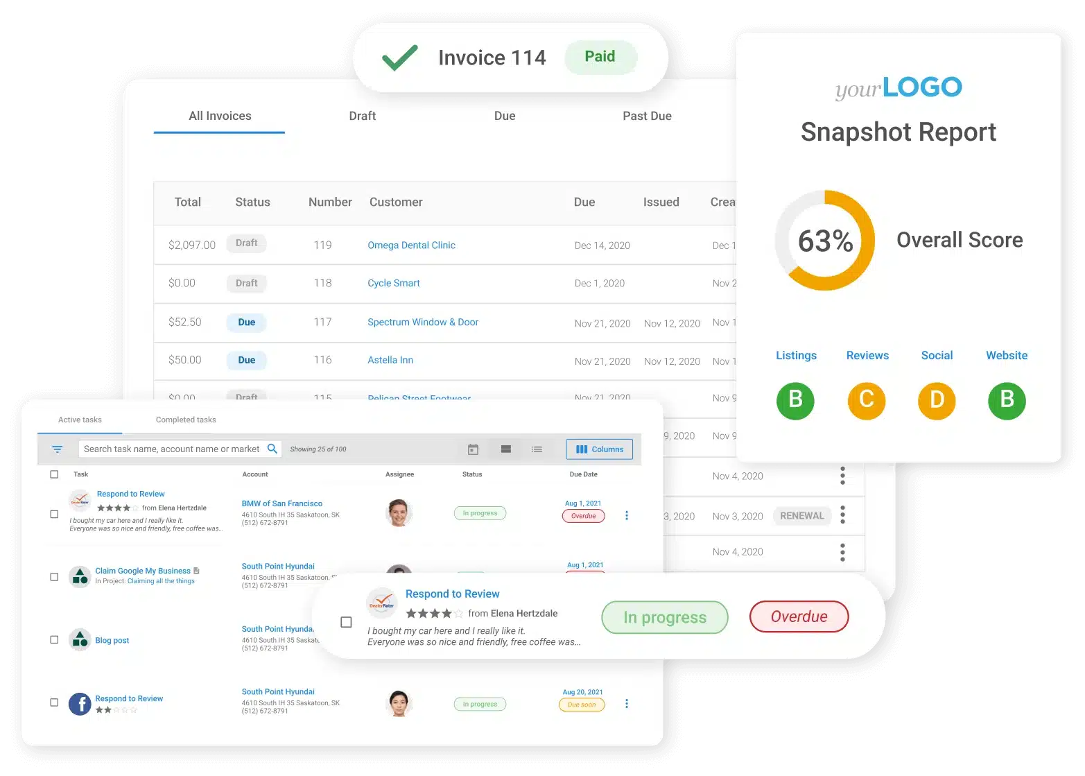 Task Manager, Billing, Snapshot Report, all through the Vendasta Platform