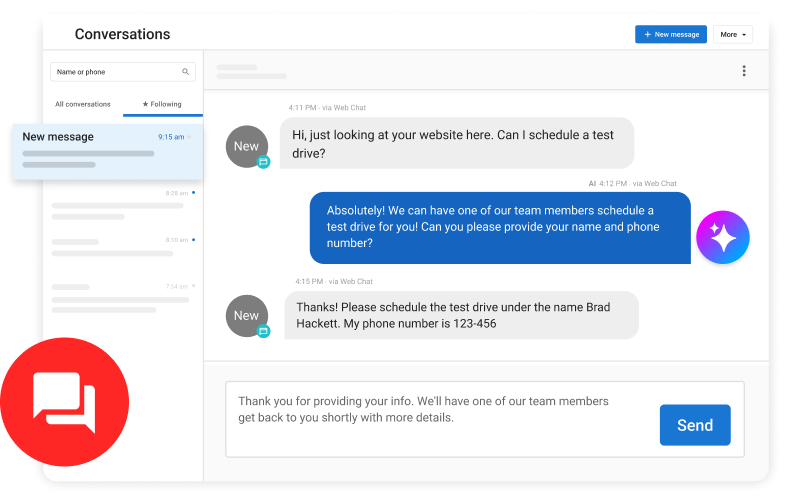 Vendasta Conversations AI dashboard showing messages